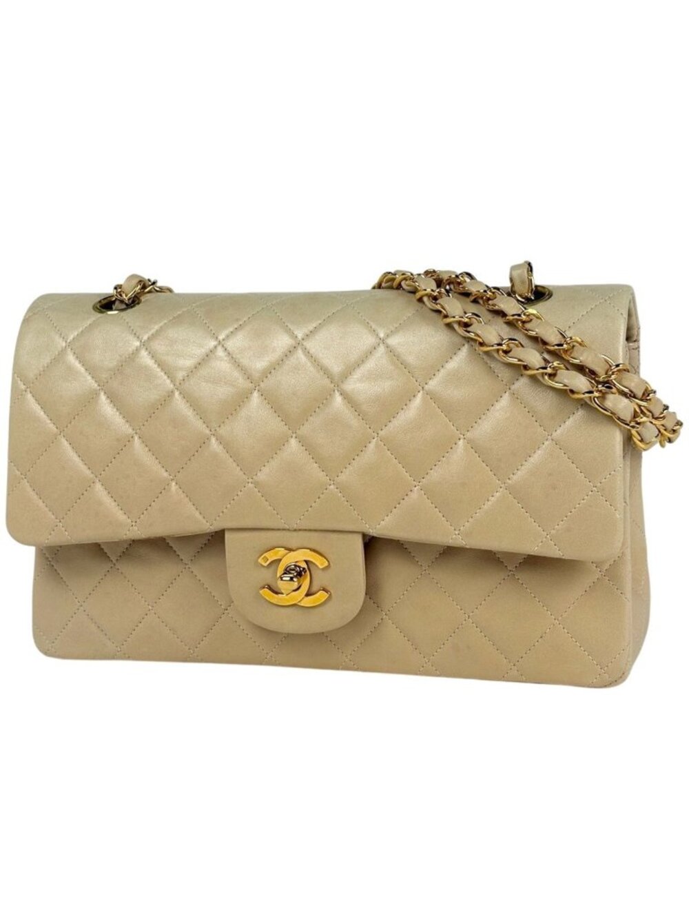 Chanel Quilted Double Flap Chain Shoulder Bag CC Logo Leather Beige